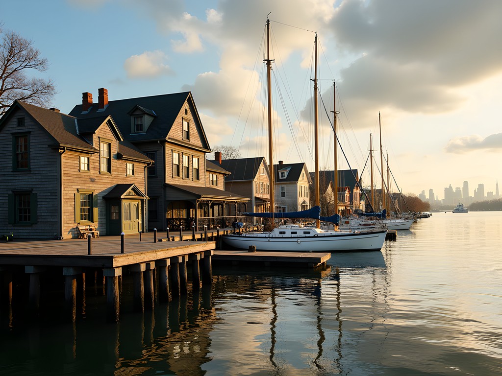 Historic City Island waterfront in the Bronx with sailboats and nautical character