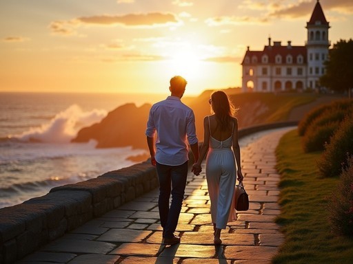 Romantic couple walking along Newport's Cliff Walk at sunset with mansions and ocean views