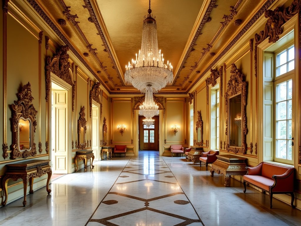 The ornate Gold Room in Marble House mansion with gold leaf walls and elaborate ceiling