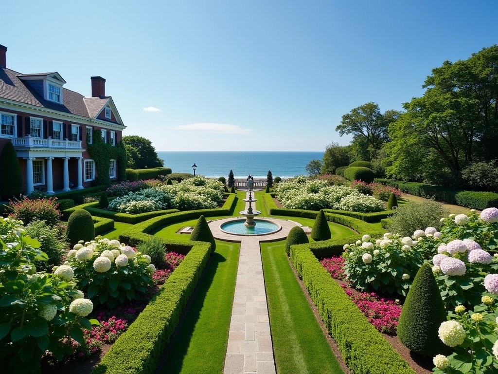 Formal gardens of a Newport mansion in summer bloom with ocean view