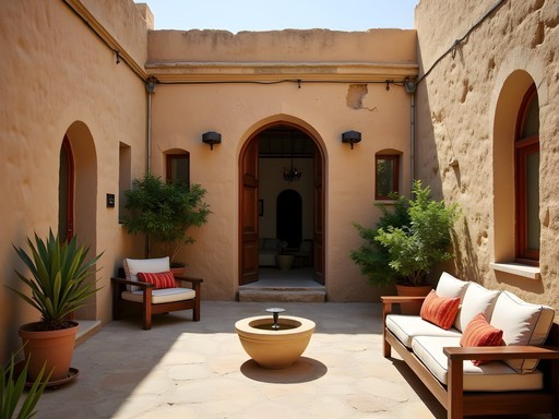 Traditional courtyard of family guesthouse near Palmyra with simple accommodations