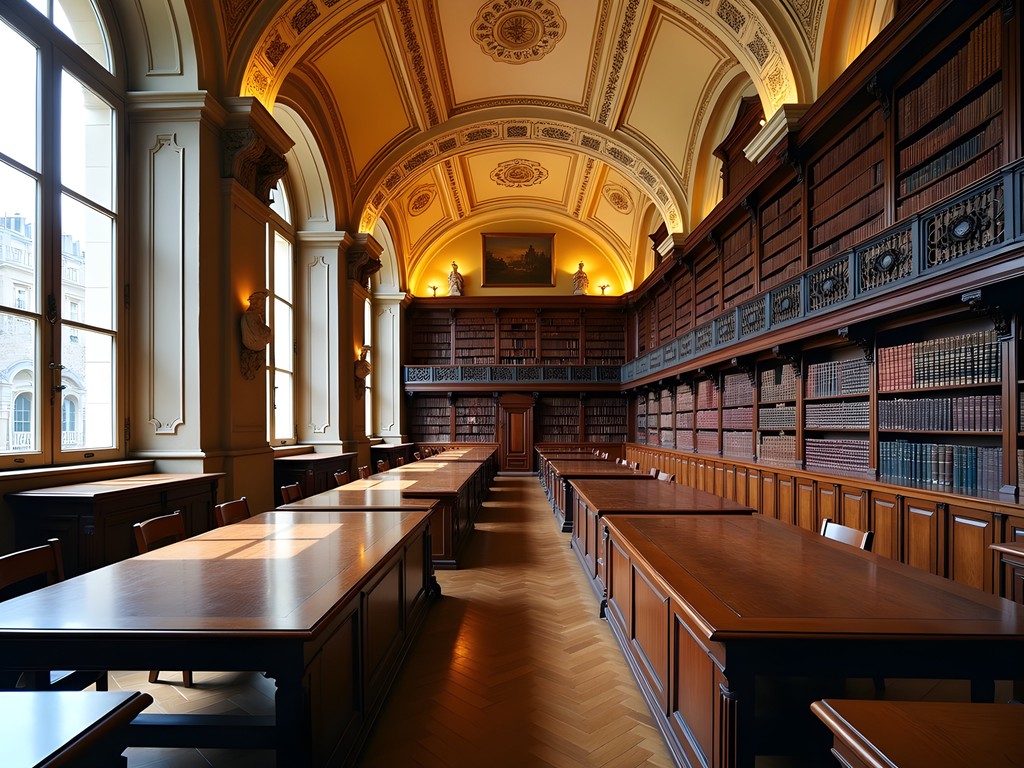 Historic reading room of the Bibliothèque Mazarine in Paris with baroque decor and antique books