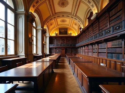 Historic reading room of the Bibliothèque Mazarine in Paris with baroque decor and antique books