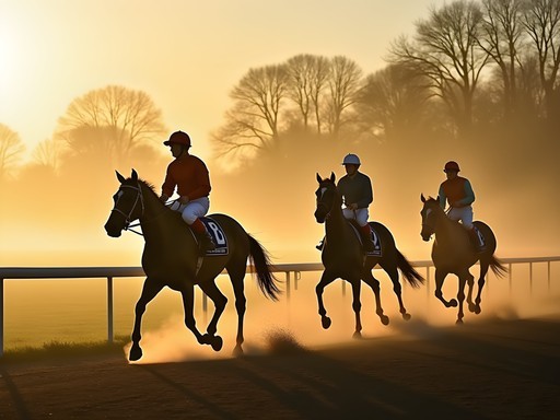 Racehorses training in the misty morning light at Auteuil Hippodrome in Paris