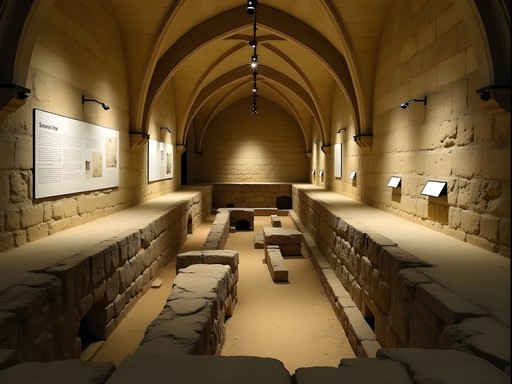 Ancient Roman ruins in the archaeological crypt beneath Notre-Dame Cathedral in Paris