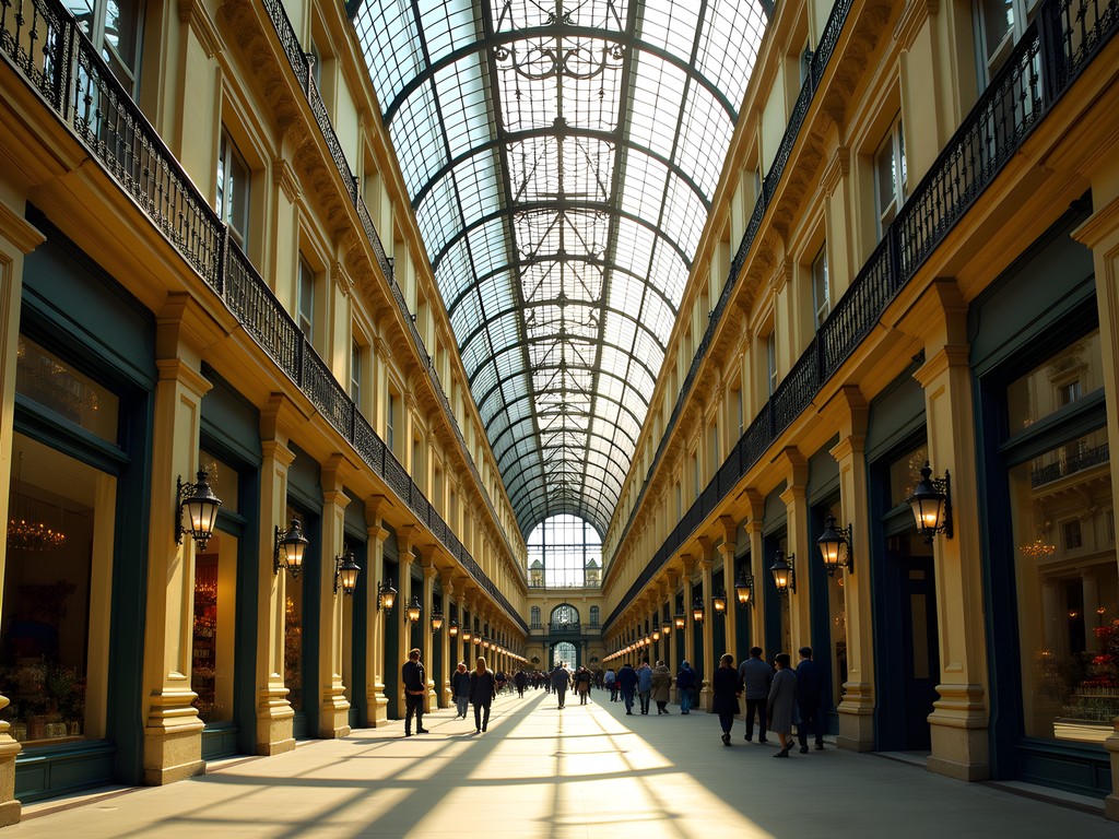 Sunlight streaming through glass ceiling of Passage du Grand-Cerf in Paris