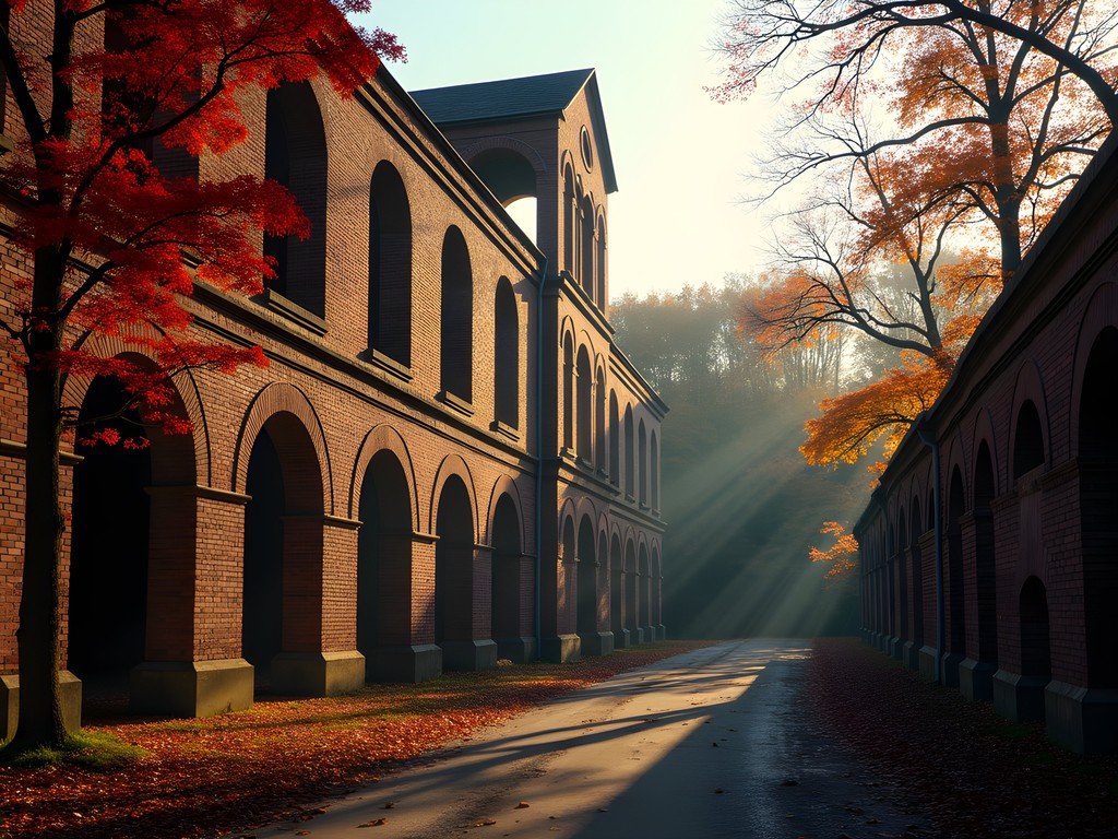 Historic mill ruins in Paterson with fall foliage