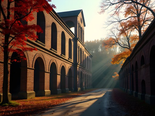 Historic mill ruins in Paterson with fall foliage