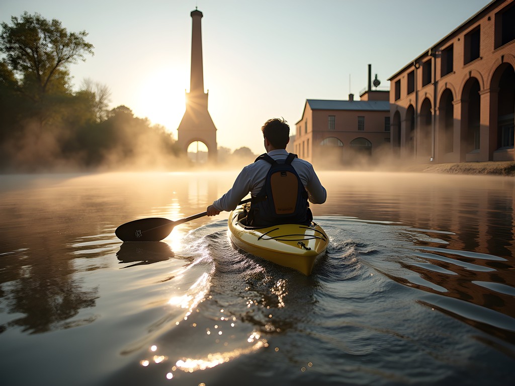 Kayaker on Blackstone River passing historic industrial structures