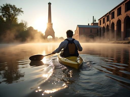 Kayaker on Blackstone River passing historic industrial structures
