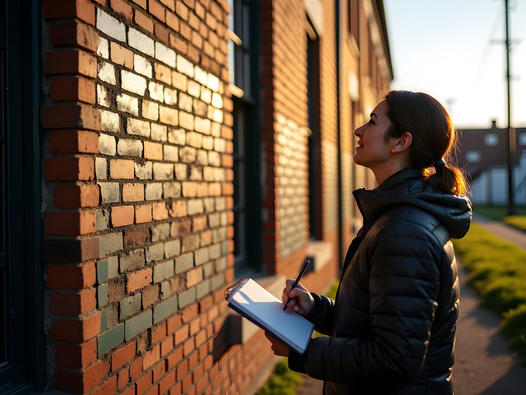 Man examining faded painted advertisements on historic brick mill building in Pawtucket