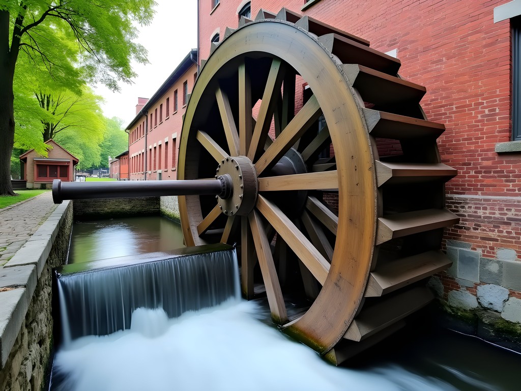 Historic Slater Mill water wheel in operation with brick building in background