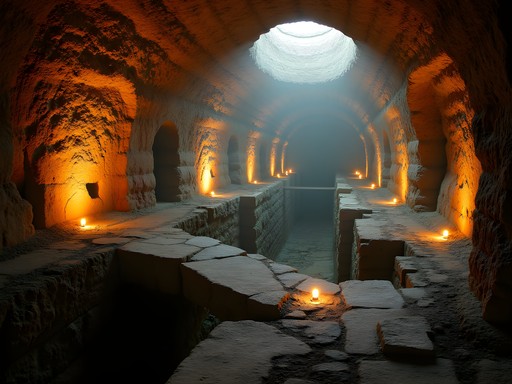 Underground archaeological site showing ancient stone foundations in Poznan