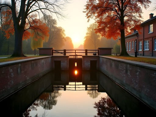 Historic Cathedral Lock (Śluza Katedralna) in Poznan at sunset with autumn foliage