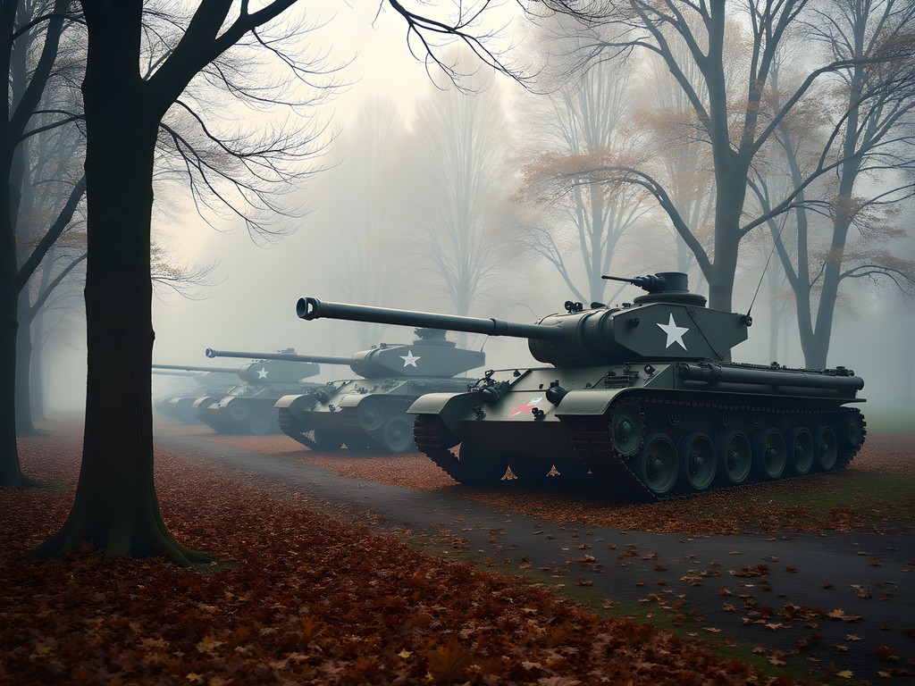 Foggy autumn morning at Cytadela Park in Poznan with Soviet military equipment