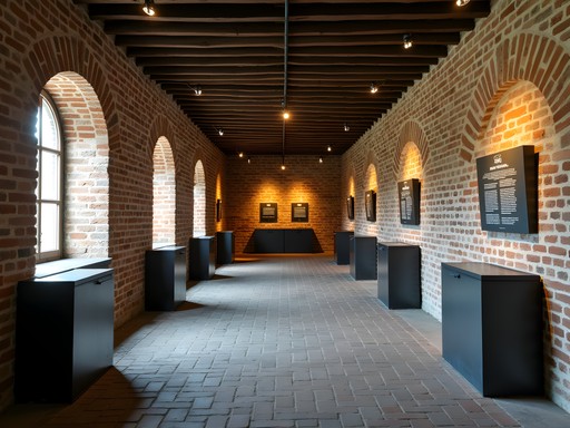 Somber exhibition hall inside Fort VII Holocaust memorial in Poznan