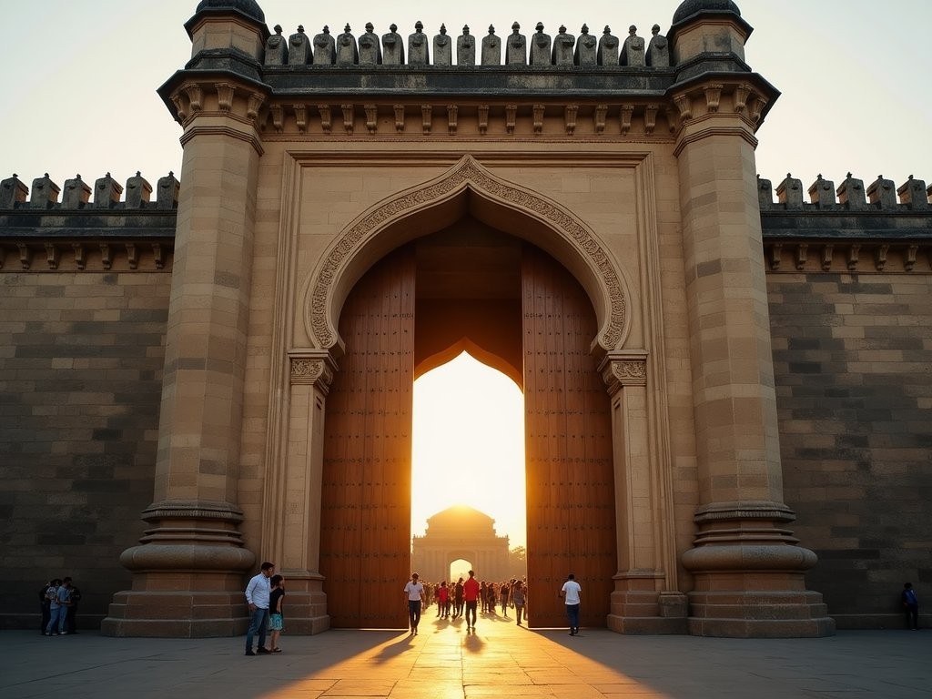 Imposing Delhi Gate of Shaniwar Wada fortress at sunrise in Pune