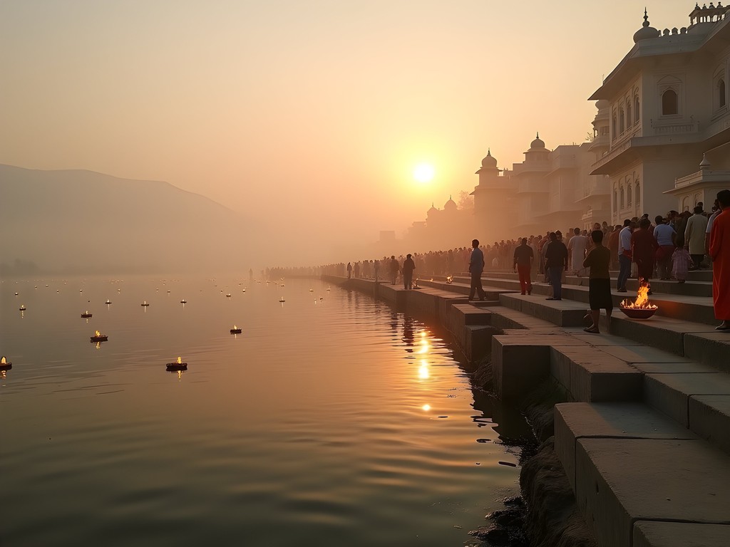 Early morning rituals at Pushkar Lake ghats with floating diyas and misty sunrise