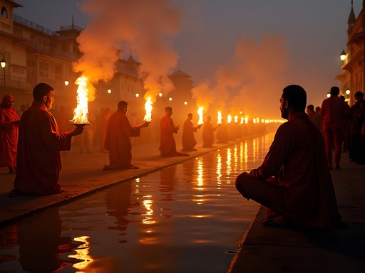 Evening Sandhya Aarti ceremony at Brahma Ghat with fire rituals and gathered devotees