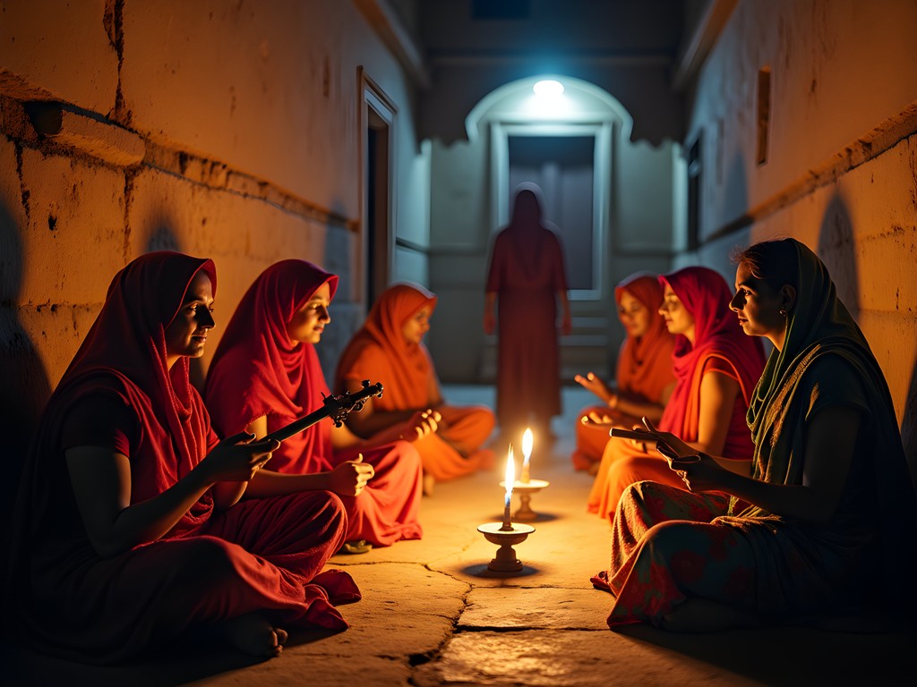 Local women singing evening bhajans at neighborhood shrine in Pushkar