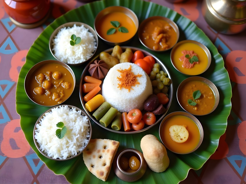Traditional vegetarian Rajasthani thali served on banana leaf near Pushkar Lake