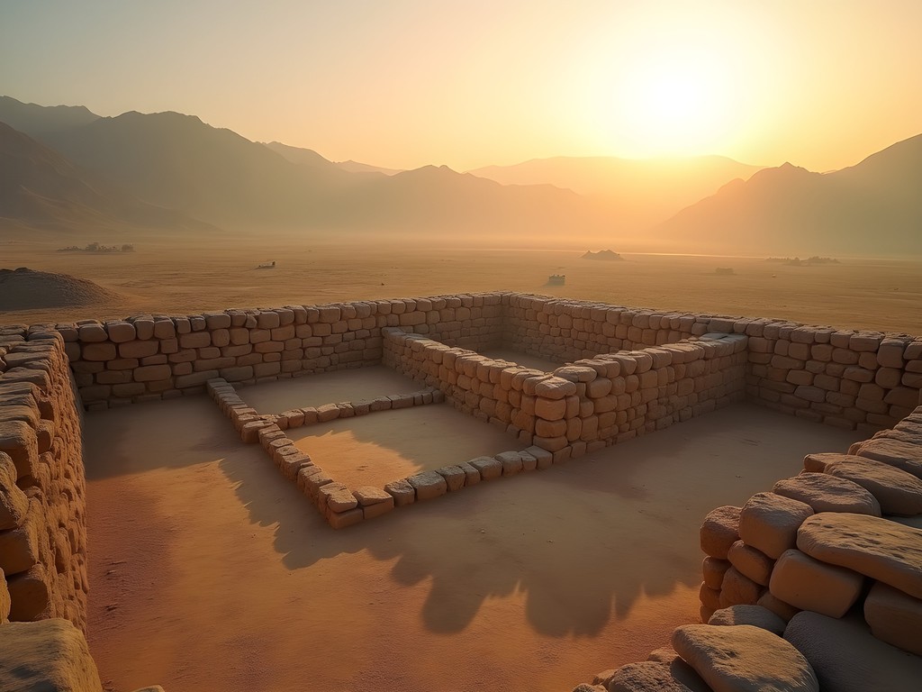 Ancient Mehrgarh archaeological site at sunrise with mountains in background