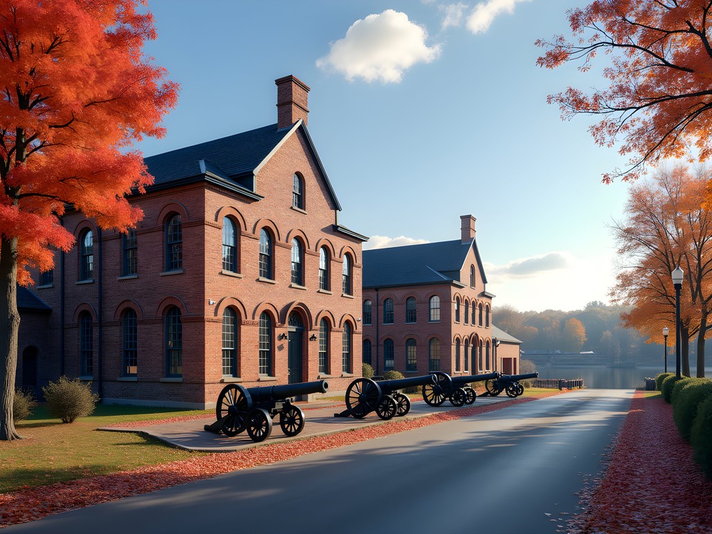 Historic Tredegar Ironworks with fall foliage along the James River