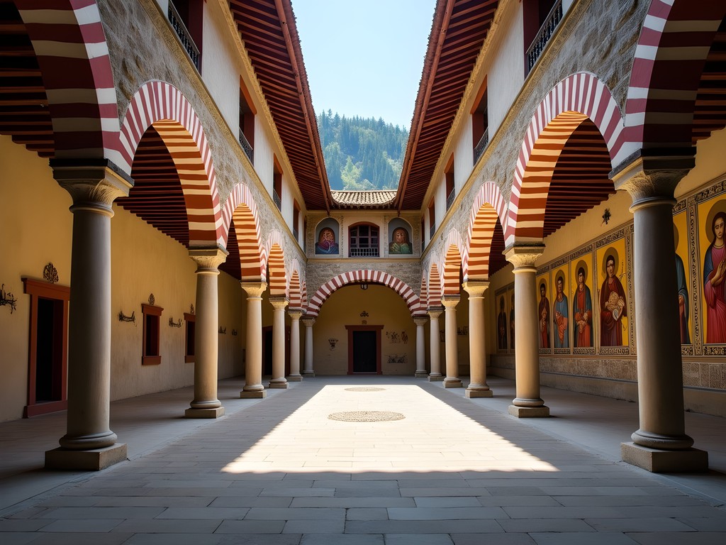 Rila Monastery's colorful striped exterior and inner courtyard with stone arches
