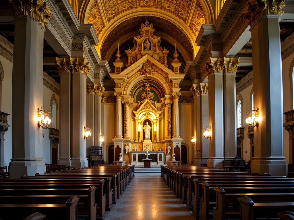 Ornate baroque interior of São Bento Monastery in Rio de Janeiro with gold leaf details and colonial woodwork