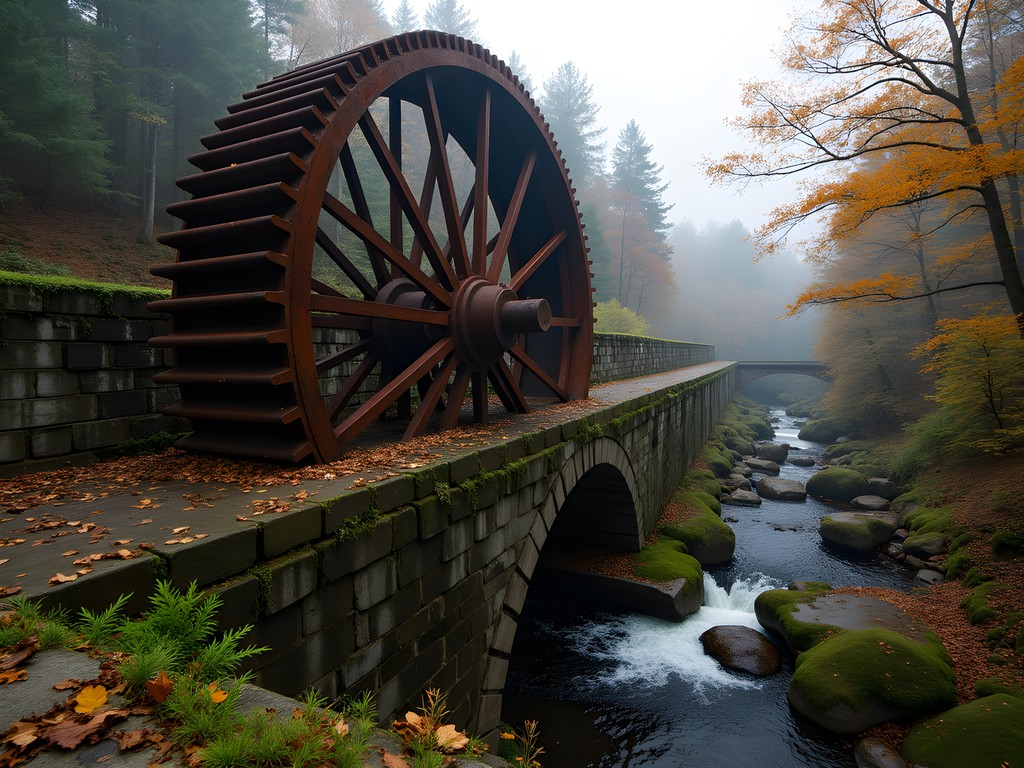 Abandoned 1840s mill ruins with massive waterwheel frame at Salmon Falls in Rochester NH