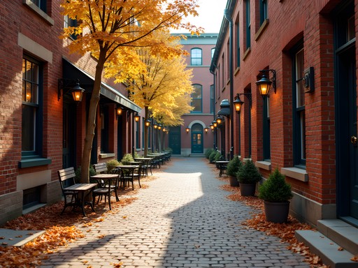 Factory Court in Rochester during fall with historic brick buildings