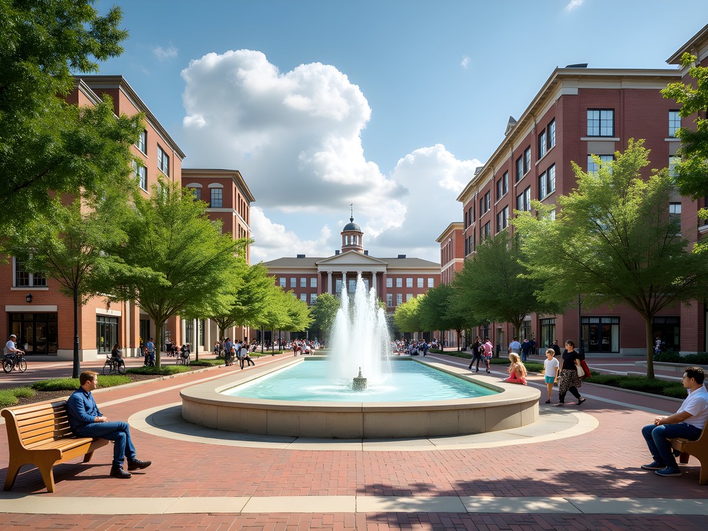 Modern Rockville Town Center plaza with families enjoying outdoor space, historical markers visible