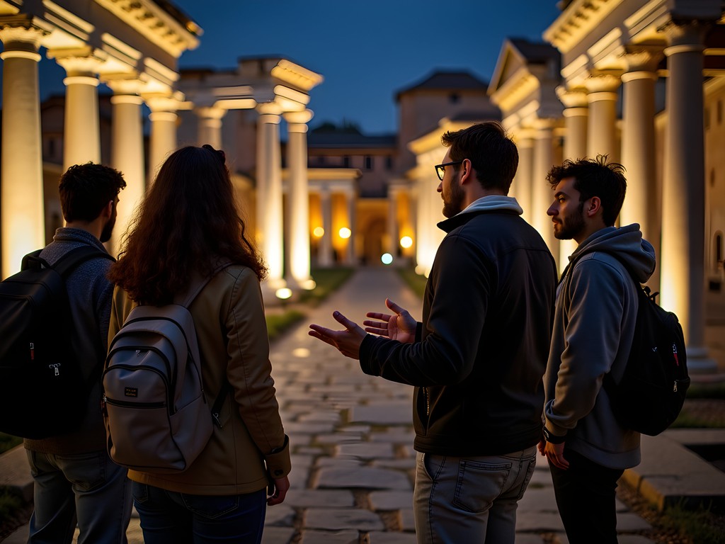 Tour guide gesturing dramatically while explaining Roman Forum history at night to small group