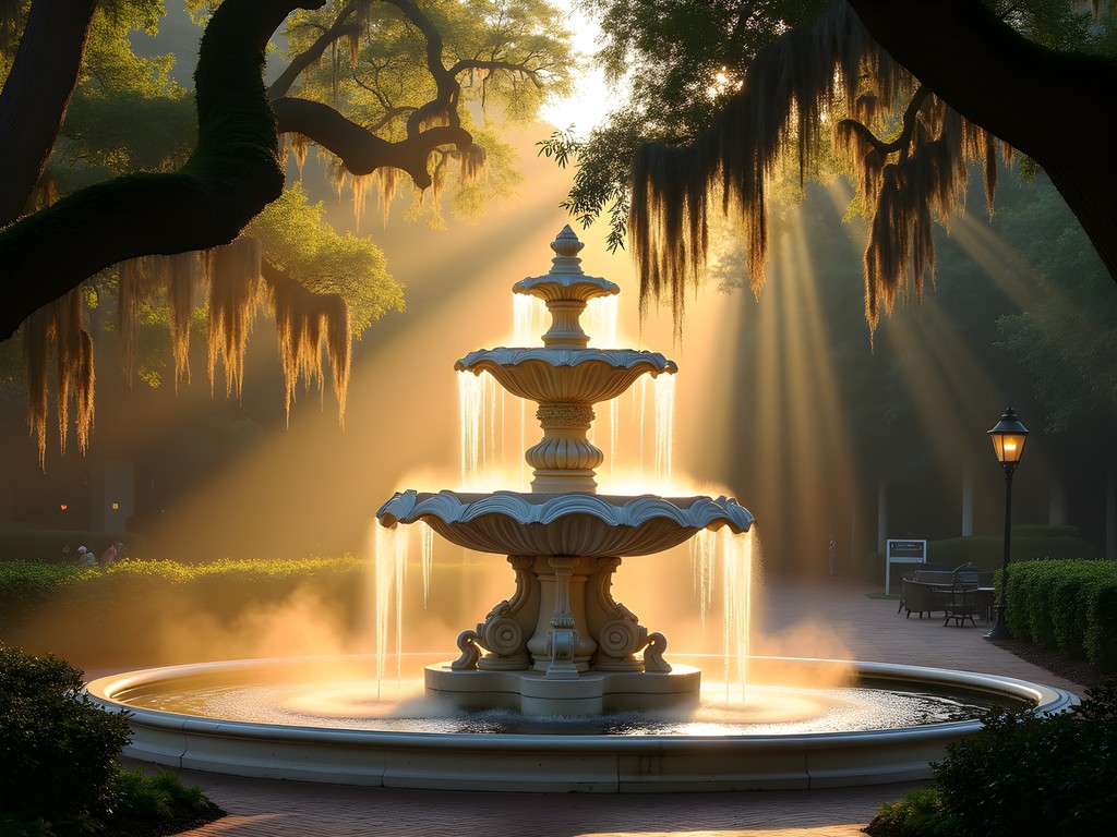 Forsyth Park fountain at dawn with golden light filtering through Spanish moss