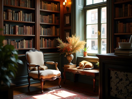 Cozy corner of historic Savannah bookstore with antique furniture and floor-to-ceiling books