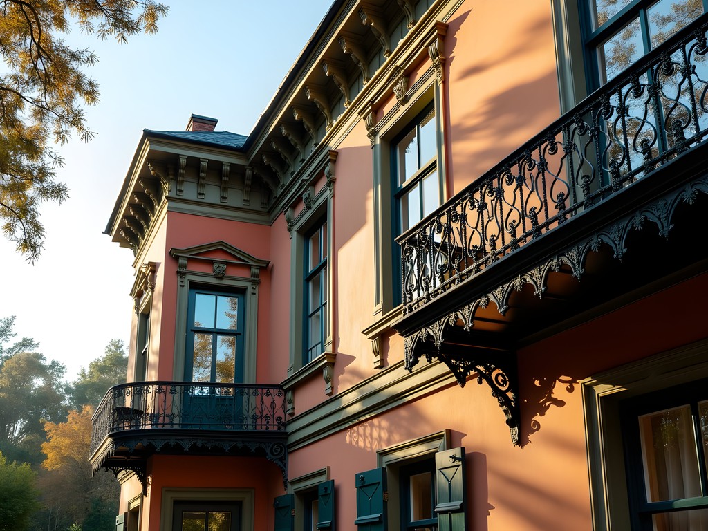 Ornate architectural details of historic Savannah mansion with wrought iron balcony