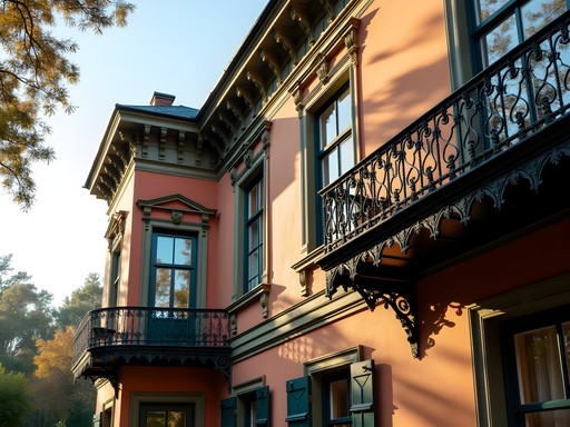 Ornate architectural details of historic Savannah mansion with wrought iron balcony