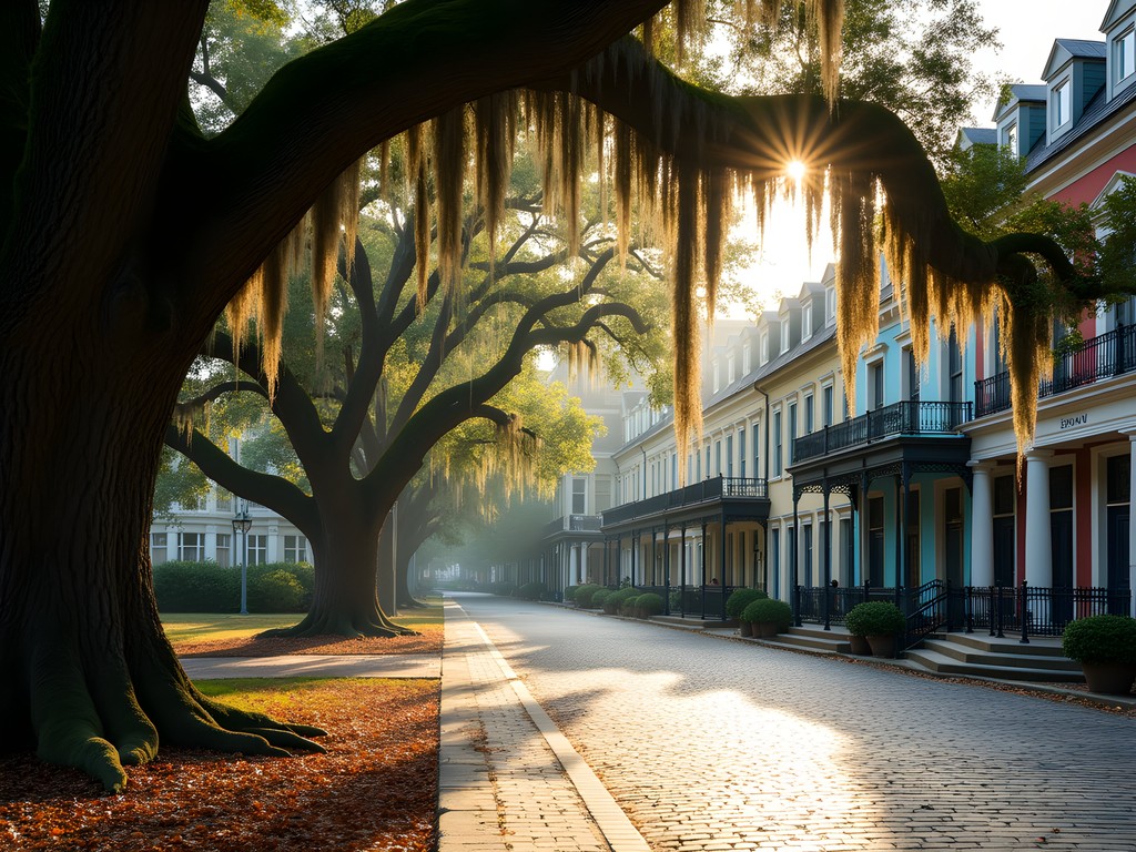 Historic Savannah square with Spanish moss-draped oak trees and historic homes