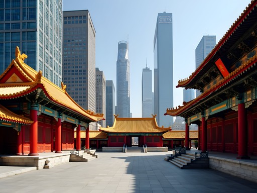 Ancient Jing'an Temple surrounded by modern Shanghai skyscrapers