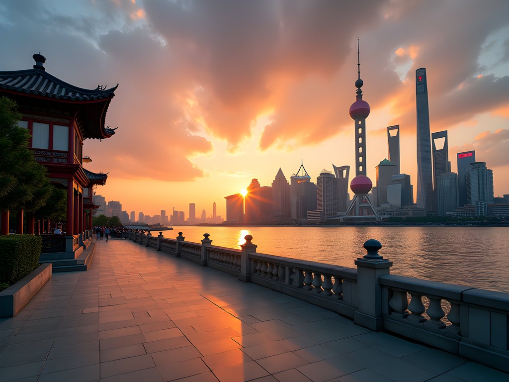 Shanghai Bund colonial architecture with Pudong futuristic skyline at sunset