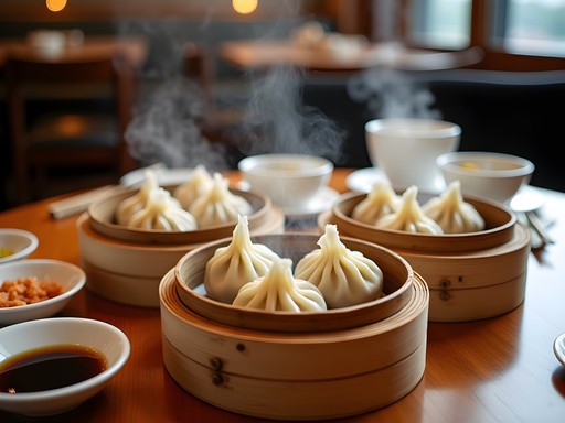Family enjoying traditional Shanghai xiaolongbao soup dumplings