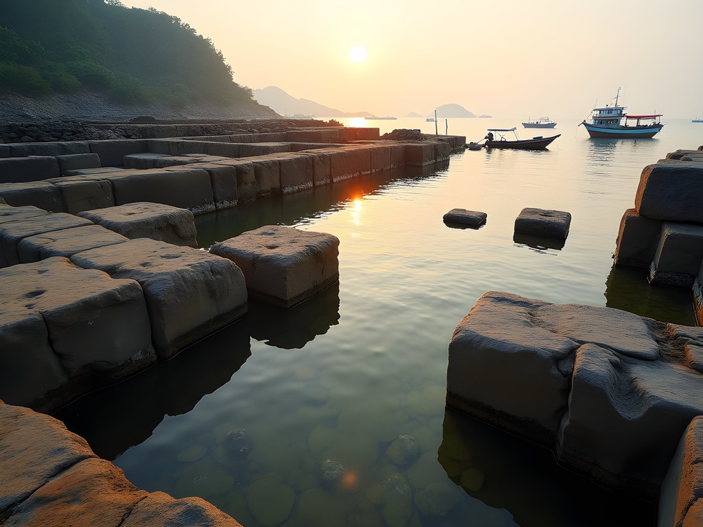 Stone ruins of ancient harbor at Potana archaeological site connected to Sigiriya