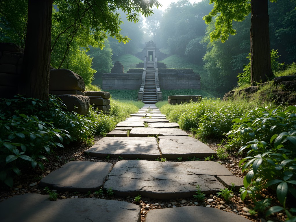 Ancient stone walkway through Ritigala Monastery ruins surrounded by forest