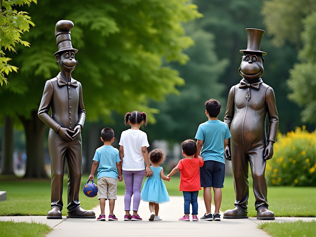 Dr Seuss National Memorial bronze sculptures in Springfield Massachusetts with families