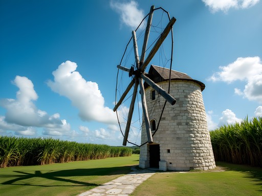 Restored stone windmill at Betty's Hope plantation against blue Caribbean sky