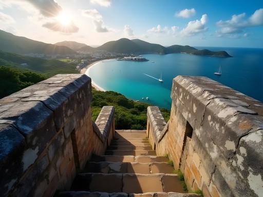 Stone fortification ruins at Shirley Heights overlooking English Harbour and turquoise Caribbean waters