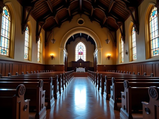 Dark pitch pine interior of St. John's Cathedral with wooden pews and vaulted ceiling