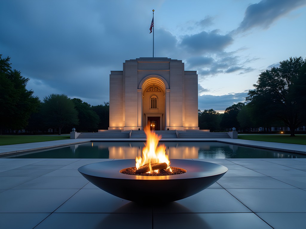 Soldiers Memorial Court of Honor at dusk with eternal flame and American flag