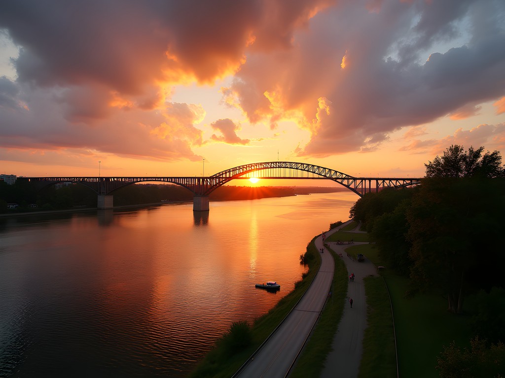 Sunset over the Amur River in Khabarovsk with historic bridge silhouette