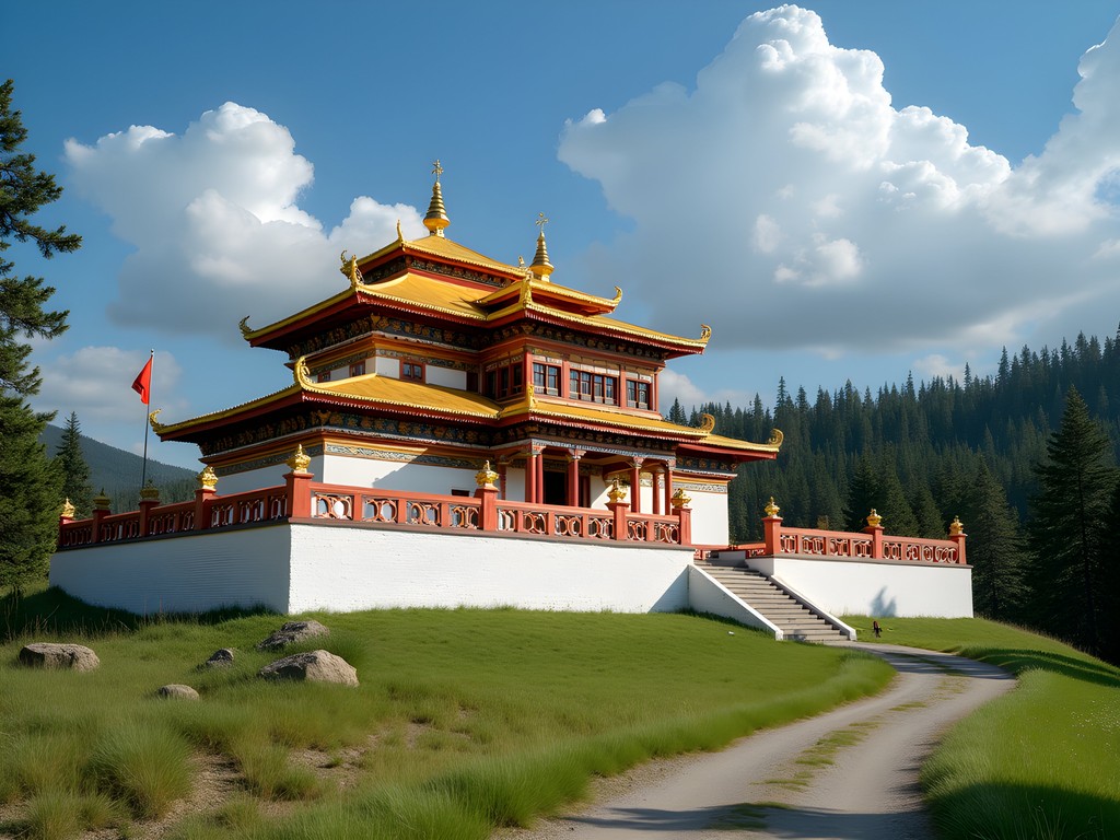 Colorful Buddhist temple at Ivolginsky Datsan with prayer flags against Siberian forest
